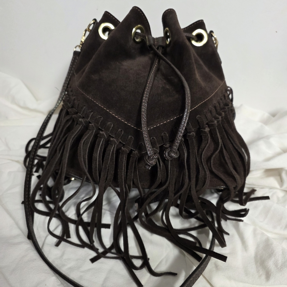 Isadora Boho Tassel Leather Suede Boho Drawstring Bucket Bag